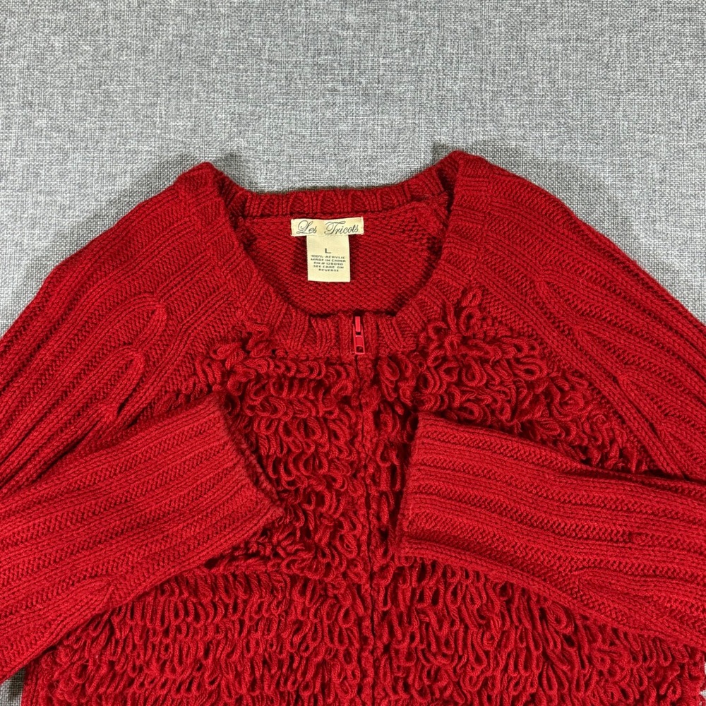 Les Tricots Shaggy Loop Knit Cardigan Women L Red Zip Up Sweater Whimsigoth Bold